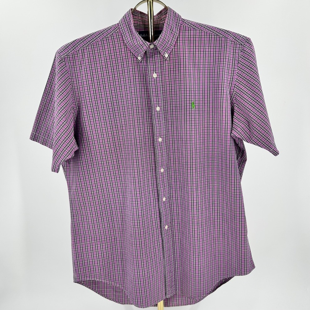 Ralph Lauren Classic Fit Shirt Mens Large Purple Black Plaid Short Sleeve Pony